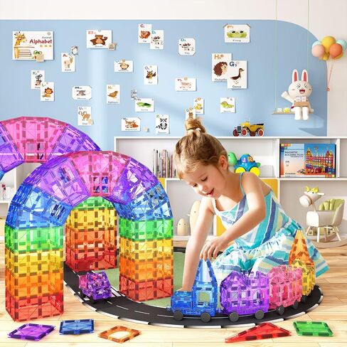 100 PCS Magnetic Tiles Road Set with 3 Cranes & 2 Cars - Magnetic Blocks City Construction Building Toys for 3+ Year Old Boys Girls Ideal Preschool Learning Outdoor Toys Creative Toddler Kids Toys in Saudi Arabia
