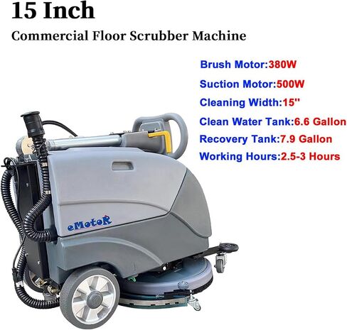 Emotor 15'' Foldable Walk Behind Floor Scrubber Machine Hand Push Scrubber Machine for Industrial Commercial Use (Gray) in Kuwait