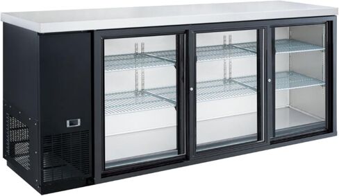 FSE 373-DBB72-S3 Refrigerated Back Bar Cooler, 3-Door Reach-In, 70-3/8"W x 24-3/8"D x 38-3/4"H, Digital Temp Control, Locking Doors, LED Lighting, 33-38°F, 6 Adjustable Shelves, NSF/ETL, 115V in Saudi Arabia