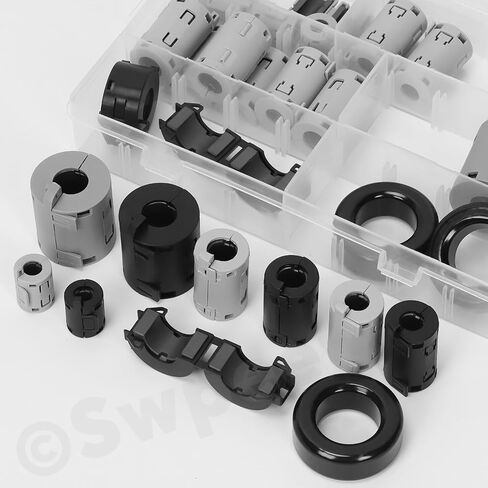 Swpeet 22Pcs 6Sizes Grey Clip-on Ferrite Ring Core with Toroid Core Assortment Kit, RFI EMI Noise Suppressor Cable Clip for 7/9/11/13/15/42 * 24 * 16mm Diameter HDMI USB Cable﻿ in Saudi Arabia
