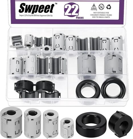 Swpeet 22Pcs 6Sizes Grey Clip-on Ferrite Ring Core with Toroid Core Assortment Kit, RFI EMI Noise Suppressor Cable Clip for 7/9/11/13/15/42 * 24 * 16mm Diameter HDMI USB Cable﻿ in Saudi Arabia