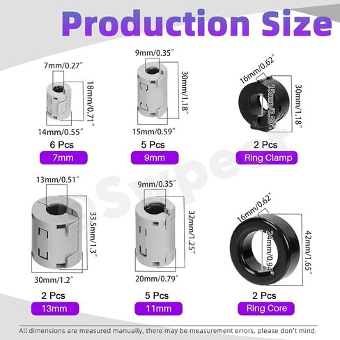 Swpeet 22Pcs 6Sizes Grey Clip-on Ferrite Ring Core with Toroid Core Assortment Kit, RFI EMI Noise Suppressor Cable Clip for 7/9/11/13/15/42 * 24 * 16mm Diameter HDMI USB Cable﻿ in Saudi Arabia
