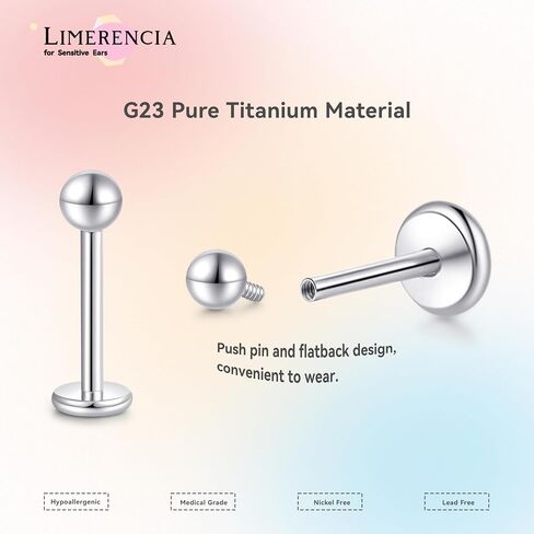 Limerencia 18G Pure Titanium Body Body Jewelry ، G23 Hypoallergenic Flat Back Back Tragus Helix Cartilage Conch Medusa Lip Bipret Piercing أقراط للنساء الرجال in Saudi Arabia