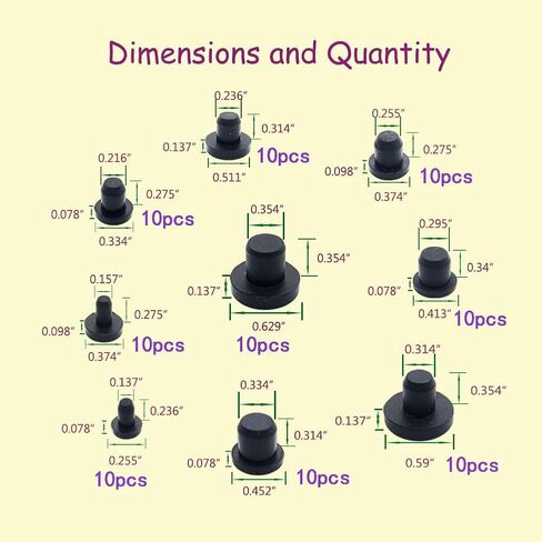 100 Pcs Silicone Rubber Hole Plugs Set - 9 Sizes T-Type Black Silicone Plugs Caps for Powder Coating, Waterproof Sealing, Pipe/Test Tube Caps - Heat Resistant, Durable, Multi-Purpose (Black) in Kuwait