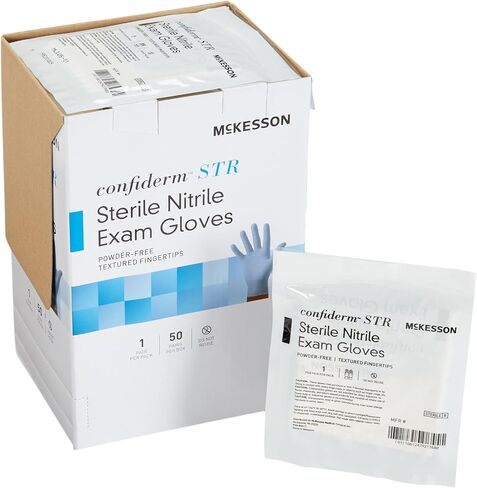 McKesson Cofererm str dispibeable زوج معقم نتريل امتحان قفاز القياسي طول الكفة المتوسطة 14-6NSTR4 50 لكل صندوق in Kuwait
