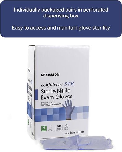 McKesson Cofererm str dispibeable زوج معقم نتريل امتحان قفاز القياسي طول الكفة المتوسطة 14-6NSTR4 50 لكل صندوق in Kuwait