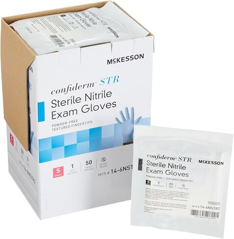 McKesson Cofererm str dispibeable زوج معقم نتريل امتحان قفاز القياسي طول الكفة المتوسطة 14-6NSTR4 50 لكل صندوق in Kuwait