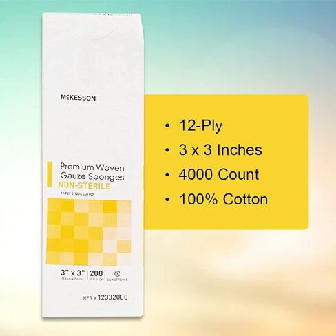McKesson Premium Woven Gauze Sponges, Non-Sterile, 12-Ply, 100% Cotton, 2 in x 2 in, 200 per Pack, 1 Pack in Saudi Arabia