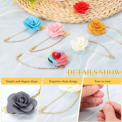 MECCANIXITY Flower Lapel Stick Brooch Pin with Gold Leaf Brooch Satin Tassel Chain Dangling Handmade Boutonnieres Pins for Suit Collar Wedding Party, Light Pink in Saudi Arabia