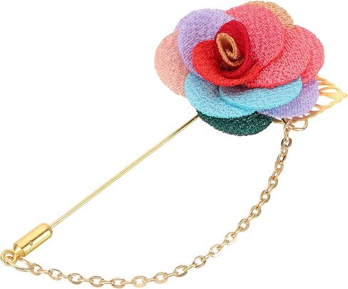 MECCANIXITY Flower Lapel Stick Brooch Pin with Gold Leaf Brooch Satin Tassel Chain Dangling Handmade Boutonnieres Pins for Suit Collar Wedding Party, Light Pink in Saudi Arabia