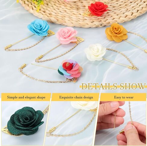 MECCANIXITY Flower Lapel Stick Brooch Pin with Gold Leaf Brooch Satin Tassel Chain Dangling Handmade Boutonnieres Pins for Suit Collar Wedding Party, Light Pink in Saudi Arabia