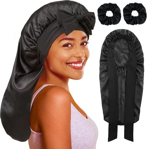 Long Bonnet with Tie Band, Satin Hair Silk Bonnet for Sleeping Women, Sleep Bonnets for Women, Double Layer Silky Sleep Cap for Curly Hair Braids in Saudi Arabia