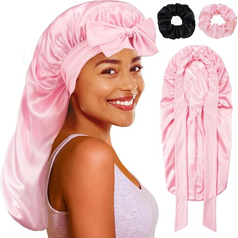 Long Bonnet with Tie Band, Satin Hair Silk Bonnet for Sleeping Women, Sleep Bonnets for Women, Double Layer Silky Sleep Cap for Curly Hair Braids in Saudi Arabia