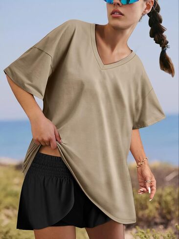 Womens Overisized Tshirts V Neck Workout Gym Shirts Tops Casual Summer Clothes in Saudi Arabia