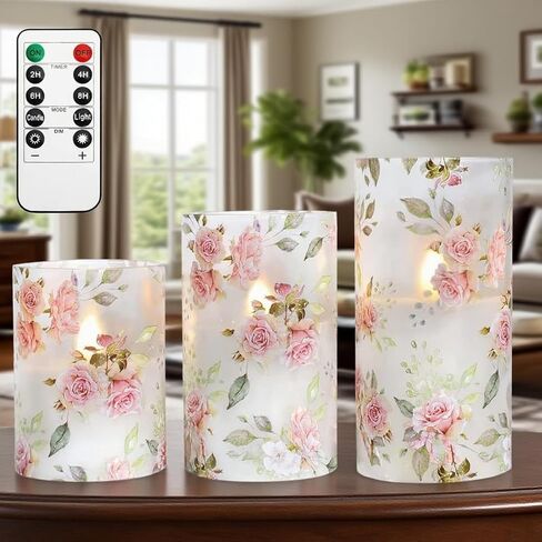 شموع عديمة اللهب LED وامضة من GORGE MOMENT، شموع ذات تأثير زجاجي تعمل بالبطارية مع مؤقت عن بعد، شموع عمود شمع واقعية لملصقات الورد الوردي لديكور المنزل في غرفة النوم، زخرفة الطاولة in Kuwait