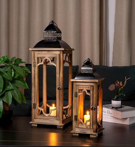مجموعة كبيرة من الفوانيس المعدنية الخشبية الفوانيس من 2 ، وفوانيس أرضية مزخرفة ريفي ، وبيوت القرية الداخلية/الخارجية فانوس للديكور المنزلي (بدون زجاج) in Kuwait