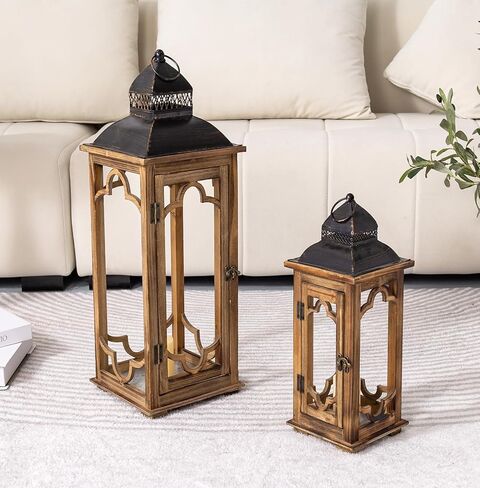 مجموعة كبيرة من الفوانيس المعدنية الخشبية الفوانيس من 2 ، وفوانيس أرضية مزخرفة ريفي ، وبيوت القرية الداخلية/الخارجية فانوس للديكور المنزلي (بدون زجاج) in Kuwait