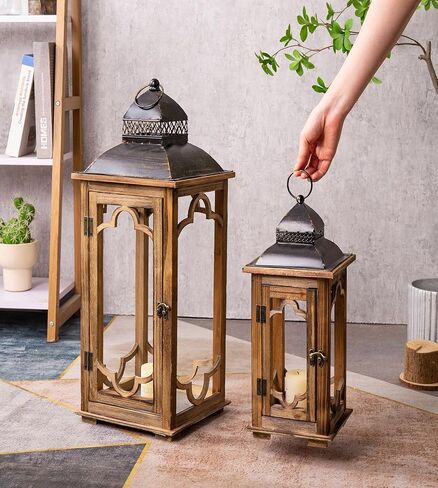 مجموعة كبيرة من الفوانيس المعدنية الخشبية الفوانيس من 2 ، وفوانيس أرضية مزخرفة ريفي ، وبيوت القرية الداخلية/الخارجية فانوس للديكور المنزلي (بدون زجاج) in Kuwait