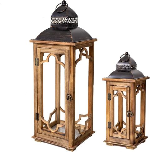 مجموعة كبيرة من الفوانيس المعدنية الخشبية الفوانيس من 2 ، وفوانيس أرضية مزخرفة ريفي ، وبيوت القرية الداخلية/الخارجية فانوس للديكور المنزلي (بدون زجاج) in Kuwait