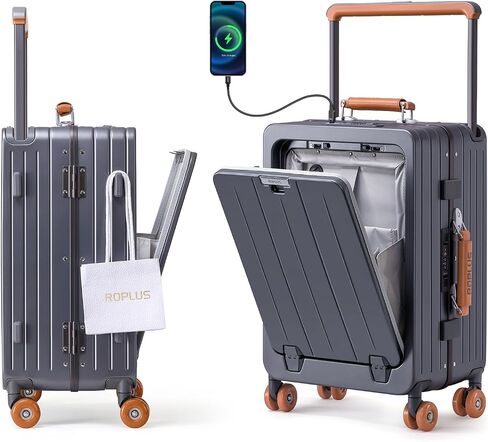 Carry On Luggage with Front Cover Compartment, Aluminium Frame Rolling Suitcase with Skate Wheels, USB Ports, Cup Holder, TSA Lock (GrayBrown, 21-Inch) in Kuwait