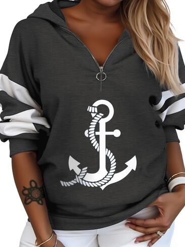 WDIRARA Women's Plus Size Anchor Graphic Print Long Sleeve Sweatshirt Half Zip Color Block Drop Shoulder Hoodie in Saudi Arabia