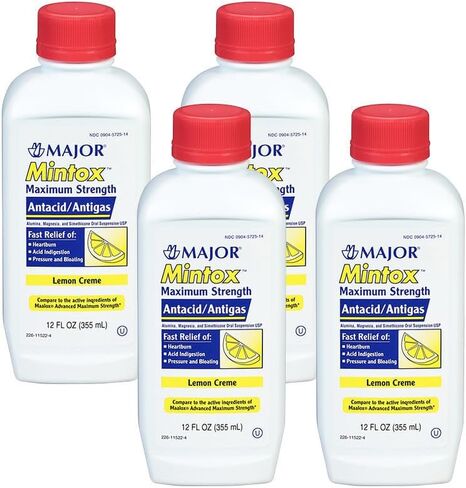 MAJOR Mintox Maximum Strength Antacid/Antigas for Fast Relief of Heartburn, Acid Indigestion, Pressure, Bloating - Lemon Creme - 12 Fl Oz (355 mL) (1 Pack) in Saudi Arabia