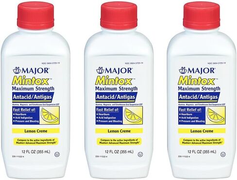 MAJOR Mintox Maximum Strength Antacid/Antigas for Fast Relief of Heartburn, Acid Indigestion, Pressure, Bloating - Lemon Creme - 12 Fl Oz (355 mL) (1 Pack) in Saudi Arabia