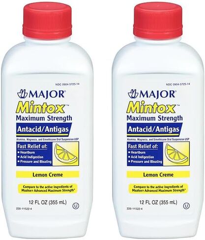 MAJOR Mintox Maximum Strength Antacid/Antigas for Fast Relief of Heartburn, Acid Indigestion, Pressure, Bloating - Lemon Creme - 12 Fl Oz (355 mL) (1 Pack) in Saudi Arabia
