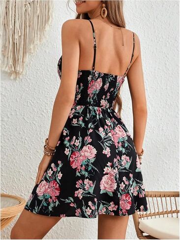 Floerns Women's Boho Floral Print Sleeveless Sundress Ruched Bust Flare Hem Vacation Cami Short Dress in Saudi Arabia