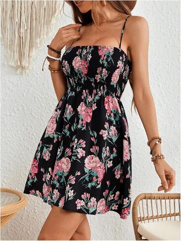 Floerns Women's Boho Floral Print Sleeveless Sundress Ruched Bust Flare Hem Vacation Cami Short Dress in Saudi Arabia