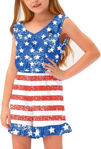 BesserBay Girl's 4th of July Sleeveless American Flag Romper Memorial Day Ruffle Trim Jumpsuits 6-14 Years in Saudi Arabia