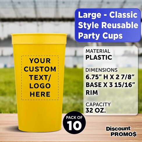 Custom Plastic Stadium Cups 32 oz. Set of 10, Personalized Bulk Pack - Perfect for Summer, Sporting Events, Birthdays, Picnic, Beach, Parties - Yellow in Saudi Arabia
