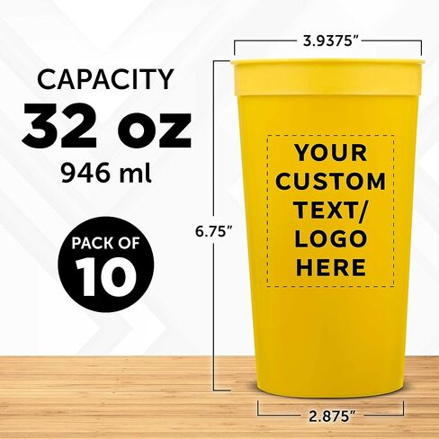 Custom Plastic Stadium Cups 32 oz. Set of 10, Personalized Bulk Pack - Perfect for Summer, Sporting Events, Birthdays, Picnic, Beach, Parties - Yellow in Saudi Arabia
