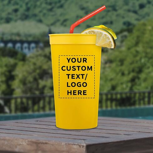 Custom Plastic Stadium Cups 32 oz. Set of 10, Personalized Bulk Pack - Perfect for Summer, Sporting Events, Birthdays, Picnic, Beach, Parties - Yellow in Saudi Arabia