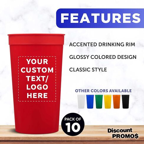 Custom Plastic Stadium Cups 32 oz. Set of 10, Personalized Bulk Pack - Perfect for Summer, Sporting Events, Birthdays, Picnic, Beach, Parties - Red in Saudi Arabia