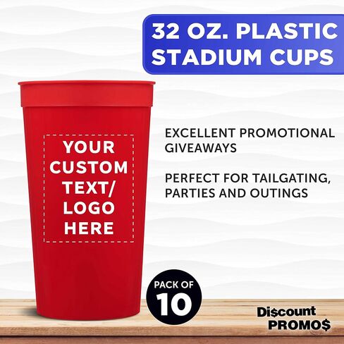 Custom Plastic Stadium Cups 32 oz. Set of 10, Personalized Bulk Pack - Perfect for Summer, Sporting Events, Birthdays, Picnic, Beach, Parties - Red in Saudi Arabia