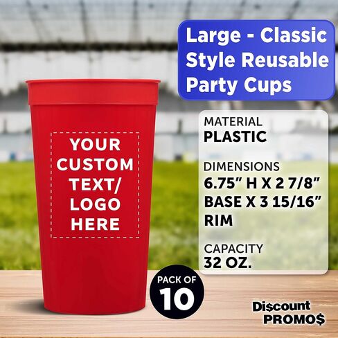 Custom Plastic Stadium Cups 32 oz. Set of 10, Personalized Bulk Pack - Perfect for Summer, Sporting Events, Birthdays, Picnic, Beach, Parties - Red in Saudi Arabia