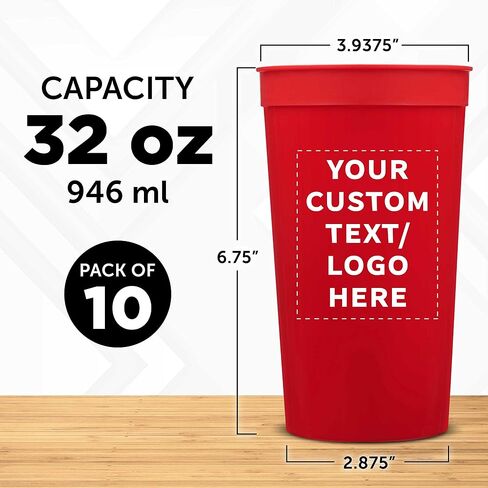 Custom Plastic Stadium Cups 32 oz. Set of 10, Personalized Bulk Pack - Perfect for Summer, Sporting Events, Birthdays, Picnic, Beach, Parties - Red in Saudi Arabia