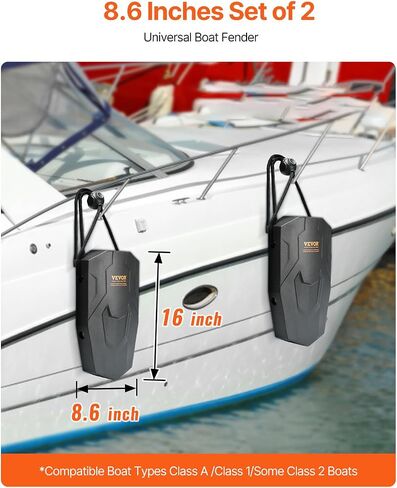 VEVOR Boat Fenders, 2 Packs 8.6" x 16" Marine EVA Boat Dock Fender Bumpers, Features Ropes, Cord Locks and Storage Bag, Inflation-Free Boat Bumpers for Docking, Class A/Class 1/Part Class 2, Black in Saudi Arabia