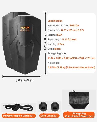 VEVOR Boat Fenders, 2 Packs 8.6" x 16" Marine EVA Boat Dock Fender Bumpers, Features Ropes, Cord Locks and Storage Bag, Inflation-Free Boat Bumpers for Docking, Class A/Class 1/Part Class 2, Black in Saudi Arabia