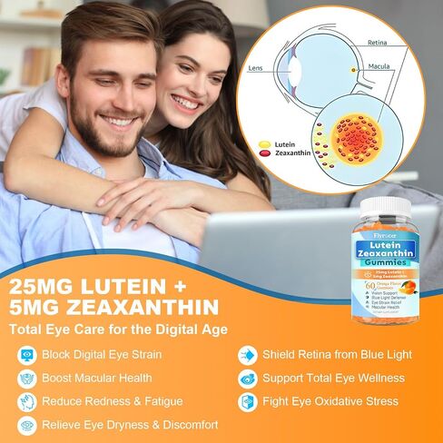 Sugar Free Lutein Gummies 25mg, Lutein and Zeaxanthin Supplements for Eye Health, 13-in-1 Eye Care Formula with Omega-3 Bilberry Saffron & Vitamins-Vision Health, Eye Strain, Dry Eyes, Vegan 60 Count in Saudi Arabia