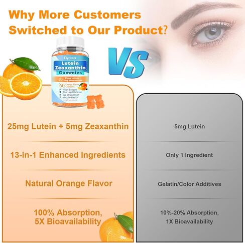 Sugar Free Lutein Gummies 25mg, Lutein and Zeaxanthin Supplements for Eye Health, 13-in-1 Eye Care Formula with Omega-3 Bilberry Saffron & Vitamins-Vision Health, Eye Strain, Dry Eyes, Vegan 60 Count in Saudi Arabia