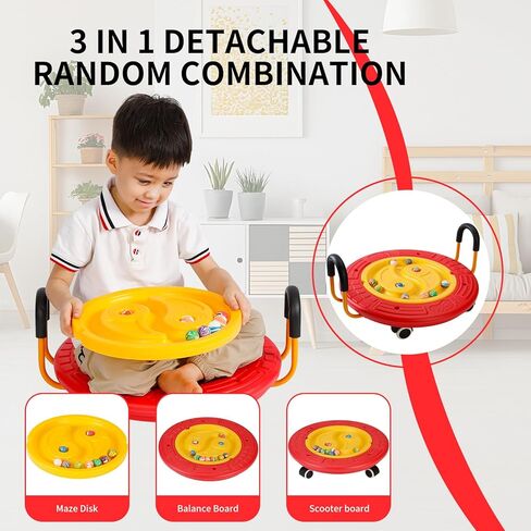 3 في 1 لوحة سكوتر الرصيد للأطفال ， لوح توازن التذبذب البلاستيكي متاهة مع مقابض ، 5 كرات ، قرص تمايل صغير للتدريب الحسي ، العلاج الطبيعي in Kuwait