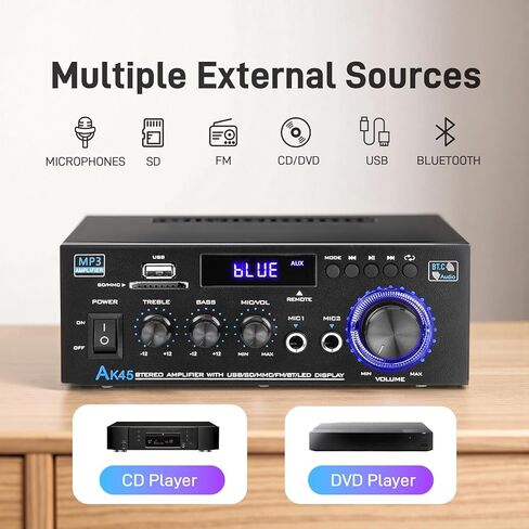 مضخم صوت Stereo Home مع جهاز استقبال 5.0 Bluetooth لمكبر الصوت ، 300W+300W Bluetooth HIFI Stereo Power AK55 Amplifier 2.0 Channel RMS 40WX2 Home System Remote Amp W/MIC ، USB ، RCA ، FM Radio Radio in Kuwait