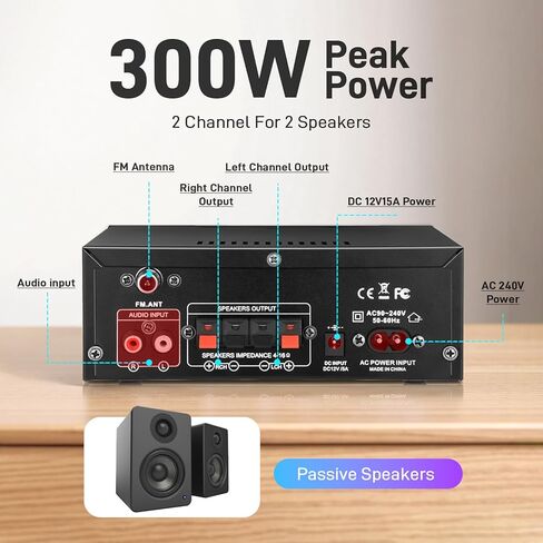 مضخم صوت Stereo Home مع جهاز استقبال 5.0 Bluetooth لمكبر الصوت ، 300W+300W Bluetooth HIFI Stereo Power AK55 Amplifier 2.0 Channel RMS 40WX2 Home System Remote Amp W/MIC ، USB ، RCA ، FM Radio Radio in Kuwait