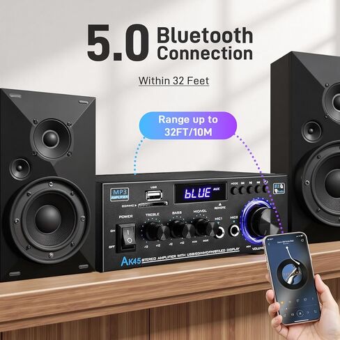 مضخم صوت Stereo Home مع جهاز استقبال 5.0 Bluetooth لمكبر الصوت ، 300W+300W Bluetooth HIFI Stereo Power AK55 Amplifier 2.0 Channel RMS 40WX2 Home System Remote Amp W/MIC ، USB ، RCA ، FM Radio Radio in Kuwait