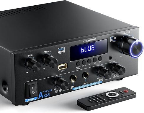 Stereo Home Audio Amplifier with 5.0 Bluetooth Receiver for Speaker, 300W+300W Bluetooth HiFi Stereo Power AK55 Amplifier 2.0 Channel RMS 40Wx2 Home System Remote Control Amp W/MIC,USB, RCA,FM Radio in Kuwait