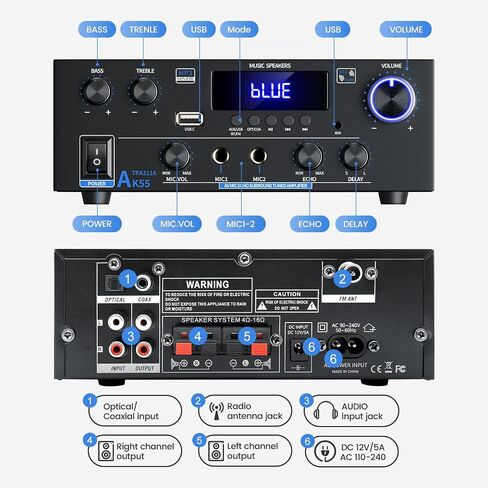 Stereo Home Audio Amplifier with 5.0 Bluetooth Receiver for Speaker, 300W+300W Bluetooth HiFi Stereo Power AK55 Amplifier 2.0 Channel RMS 40Wx2 Home System Remote Control Amp W/MIC,USB, RCA,FM Radio in Kuwait