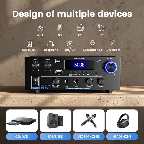 Stereo Home Audio Amplifier with 5.0 Bluetooth Receiver for Speaker, 300W+300W Bluetooth HiFi Stereo Power AK55 Amplifier 2.0 Channel RMS 40Wx2 Home System Remote Control Amp W/MIC,USB, RCA,FM Radio in Kuwait