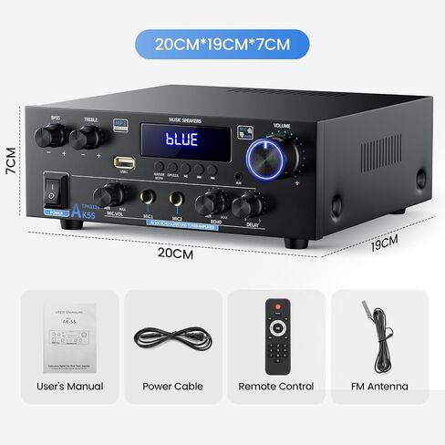 Stereo Home Audio Amplifier with 5.0 Bluetooth Receiver for Speaker, 300W+300W Bluetooth HiFi Stereo Power AK55 Amplifier 2.0 Channel RMS 40Wx2 Home System Remote Control Amp W/MIC,USB, RCA,FM Radio in Kuwait